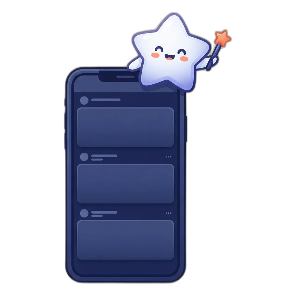 Sparkle the star sprite perched on a phone showing three caption cards in a composer