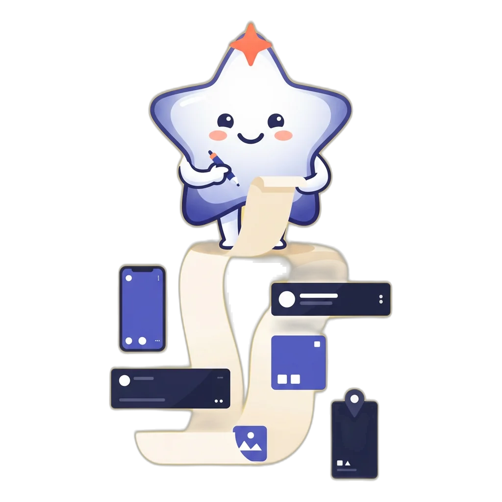Sparkle the star sprite conducting one long scroll into six post cards of different shapes