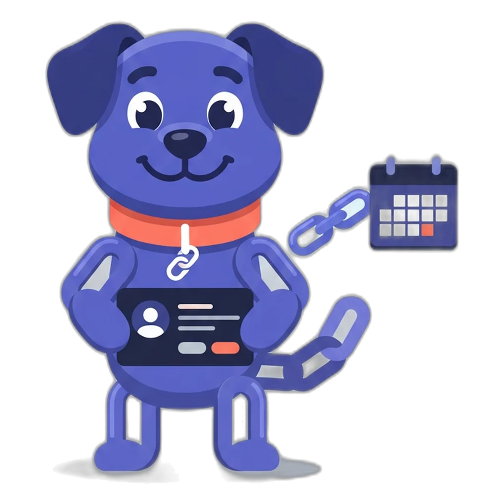 Linky the chain-link dog between a terminal window and a chain of links leading to a calendar