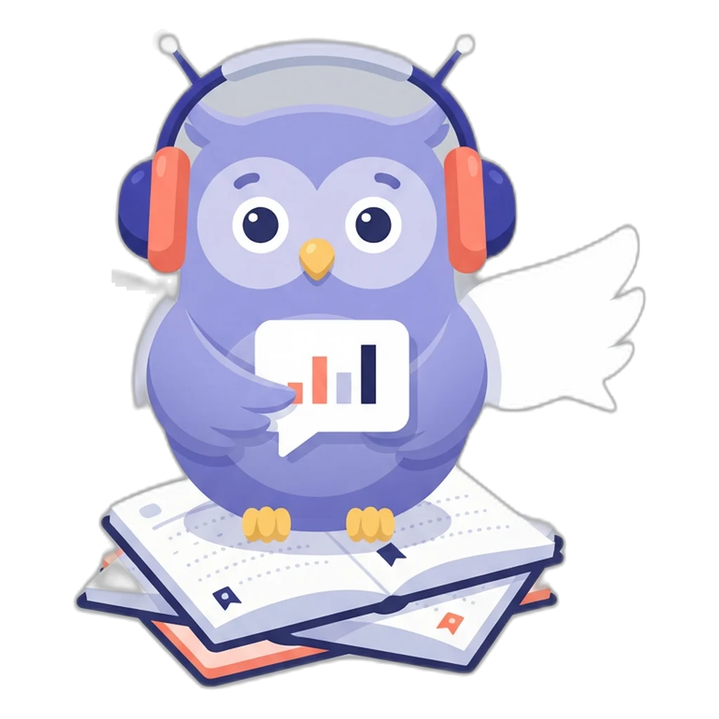 Echo the owl perched on notebooks holding a reply bubble with a small chart