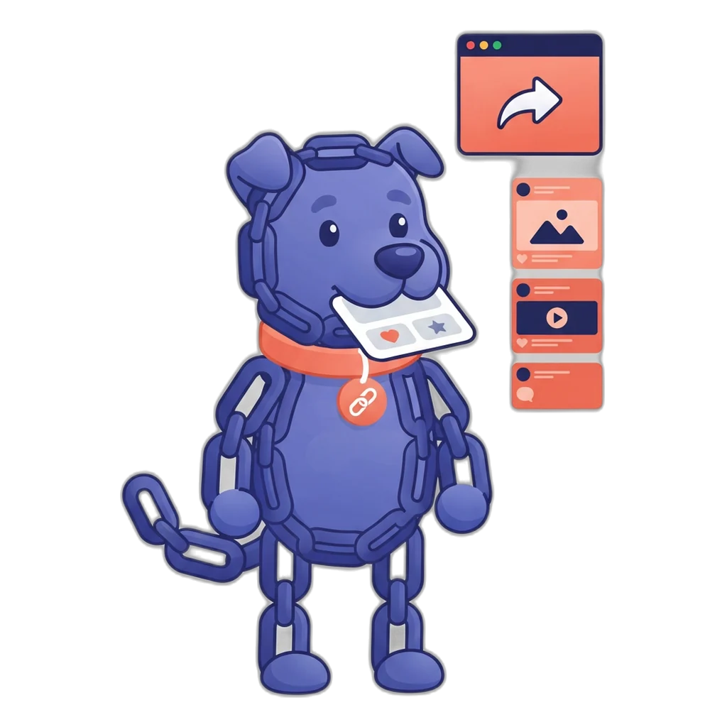 Linky the chain-link dog beside a browser window sharing a page into a queue