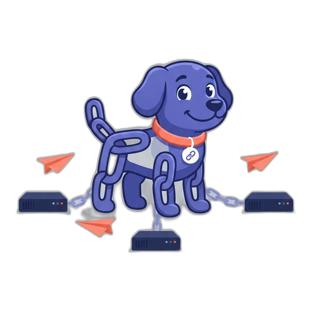 Linky the chain-link dog between three linked server boxes with a paper plane heading to each