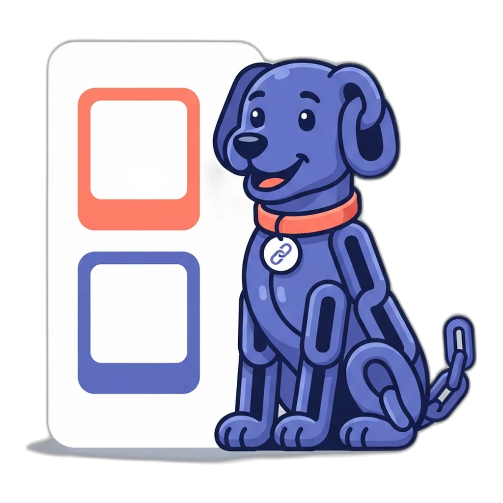Linky the chain-link dog beside three tall pin cards arranged on a board grid