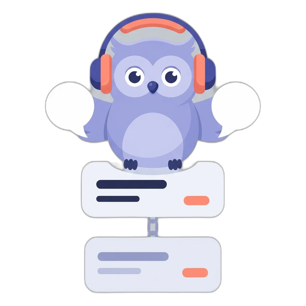 Echo the chat-bubble owl on a text card with a tag pill and a second chained card