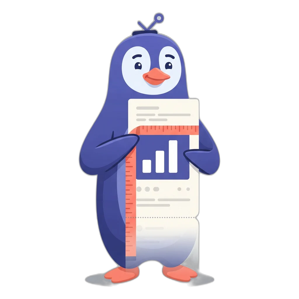 Graphy the bar-chart penguin measuring a caption card with a tape