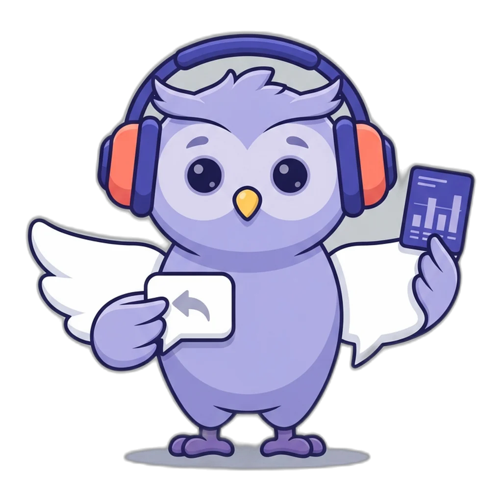 Echo the chat-bubble owl holding a reply bubble and a small chart card