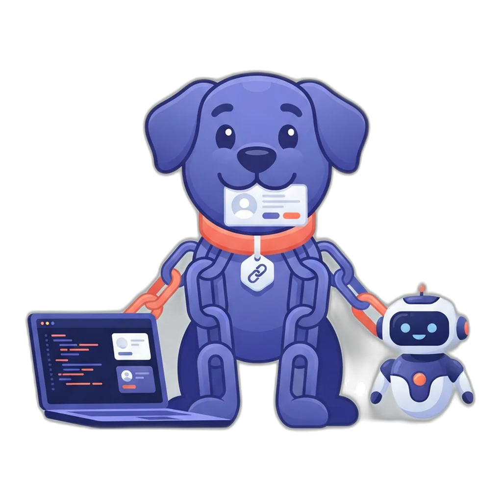 Linky the chain-link dog connecting a laptop with code to a small AI agent figure