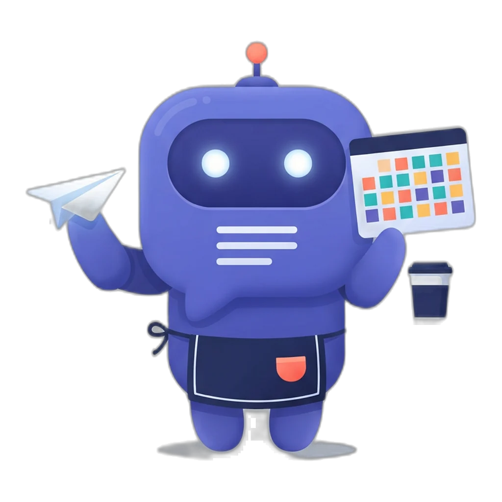 Posty the speech-bubble robot in an apron holding a filled monthly calendar