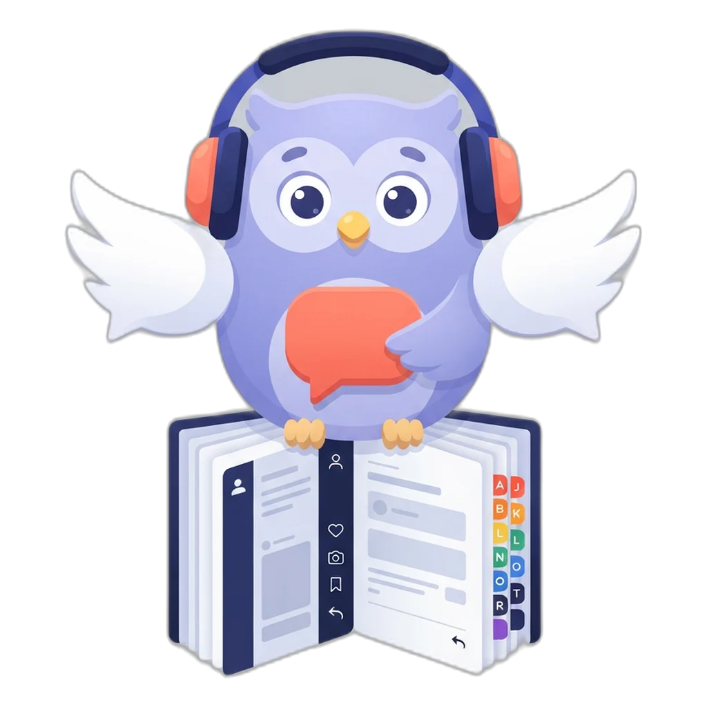 Echo the owl perched on an open dictionary with alphabet tabs