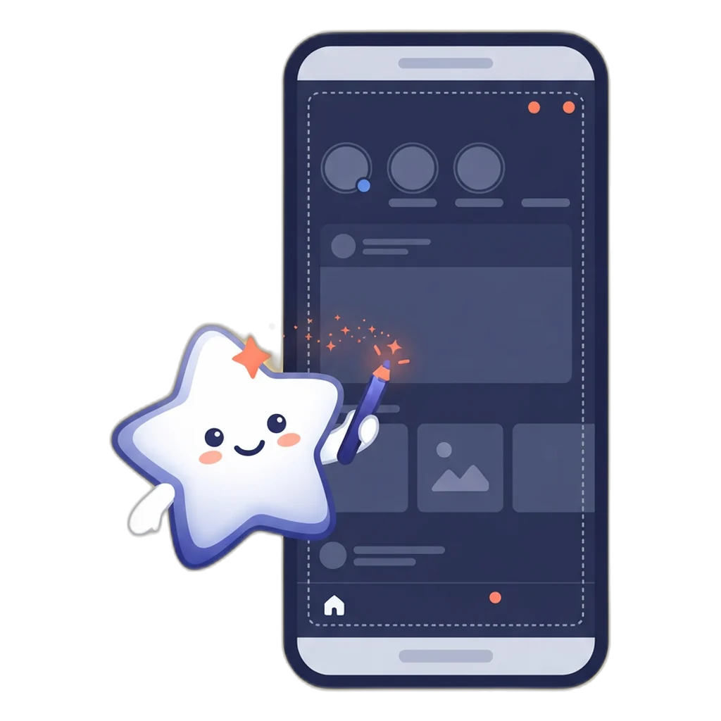 Sparkle the star sprite beside a tall phone frame with a dotted safe zone