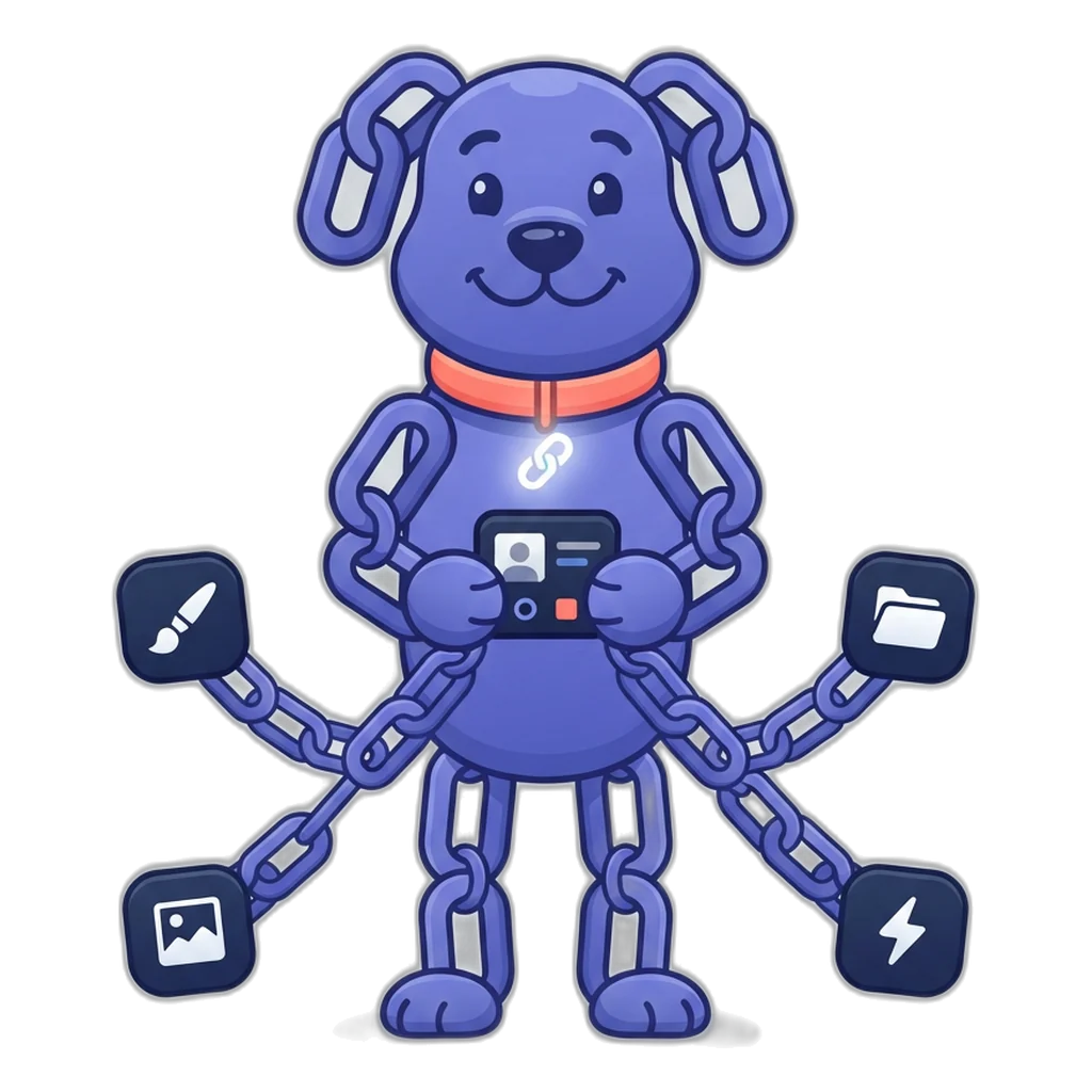 Linky the chain-link dog linking a card to four tiles with a paintbrush, folder, photo and lightning bolt
