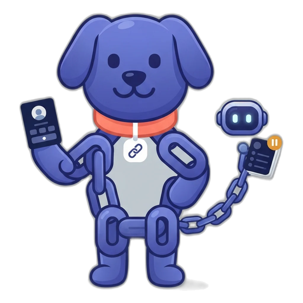 Linky the chain-link dog connected by a chain to a small robot head offering a stack of draft cards with a pause badge
