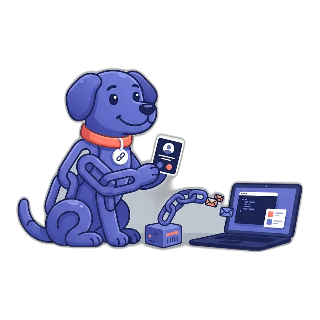Linky the chain-link dog beside a server box as a chain carries envelopes to a laptop terminal