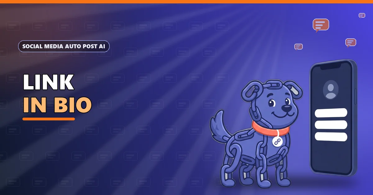 Linky the chain-link dog beside a phone showing a start page with three buttons for the link in bio guide