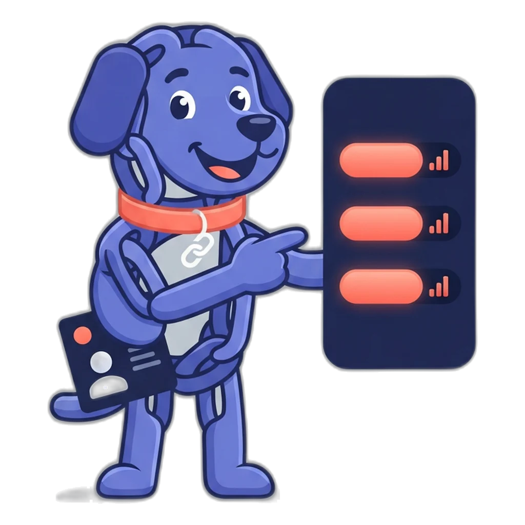 Linky the chain-link dog pointing at a phone-shaped page where each button shows a small click bar
