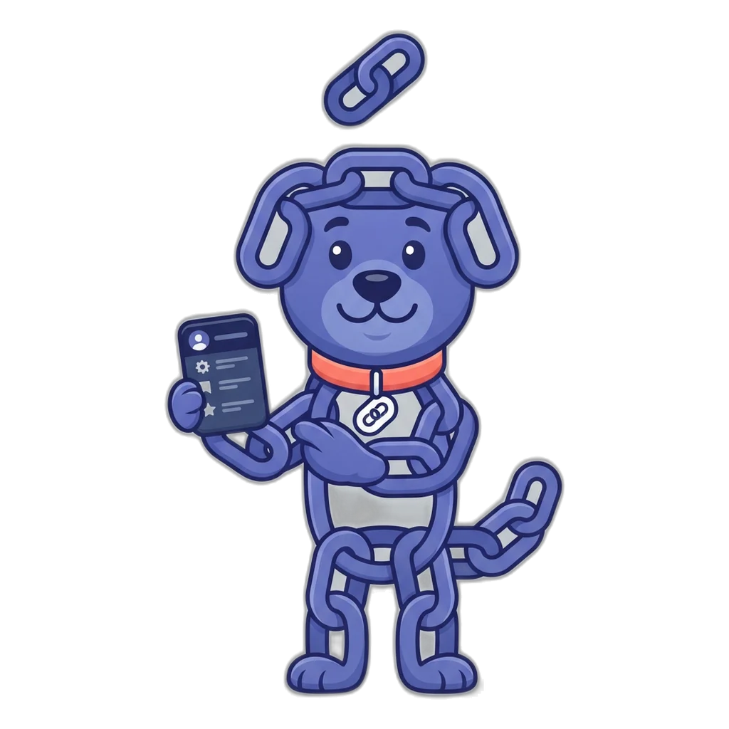 Linky the chain-link dog holding a small profile card with four buttons