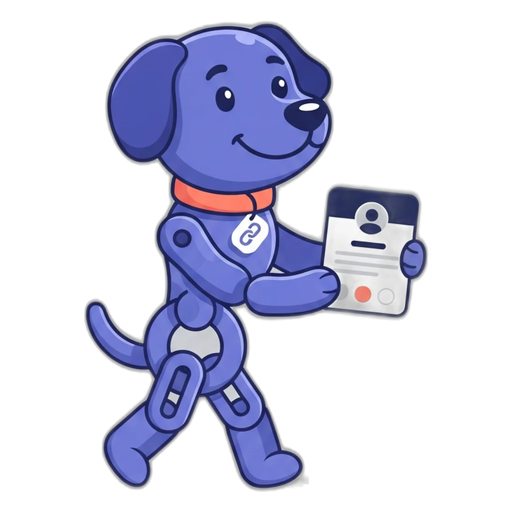 Linky the chain-link dog carrying a profile card toward a row of network circles as a paper plane arrives