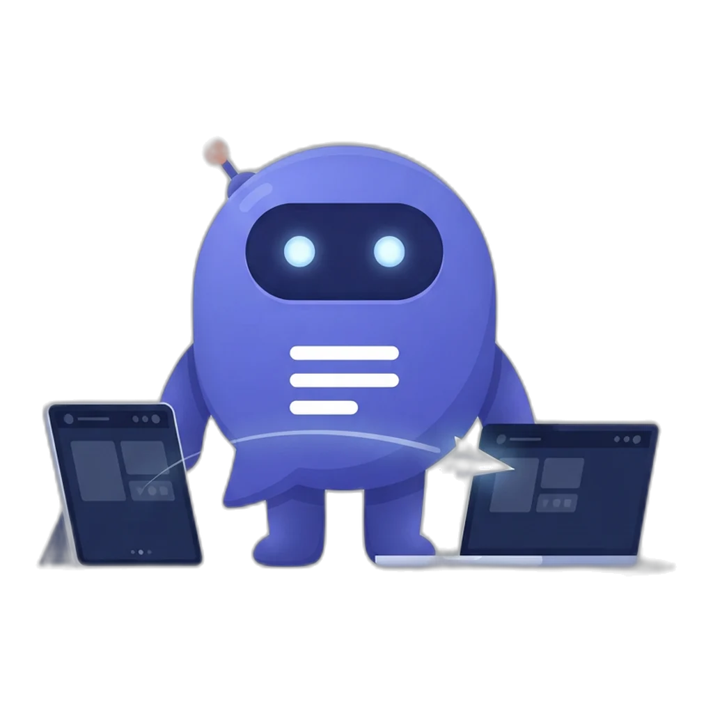 Posty standing between a phone, a tablet and a laptop that show the same Multi Post Social app queue