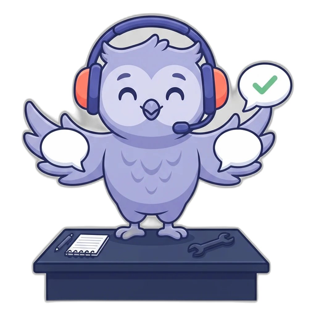 Echo the owl with headphones holding up a Multi Post Social customer care reply bubble with a tick