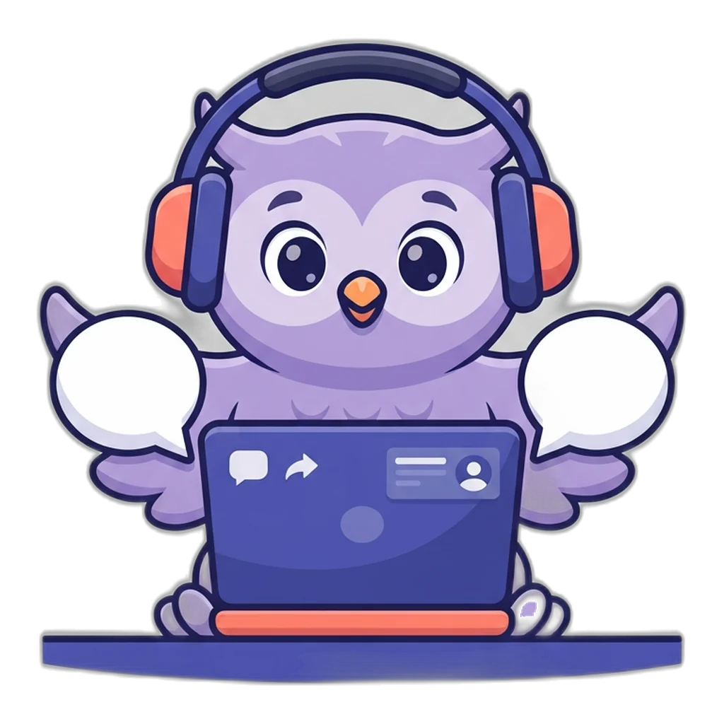 Echo the owl giving a thumbs-up beside a laptop showing a queue with green ticks