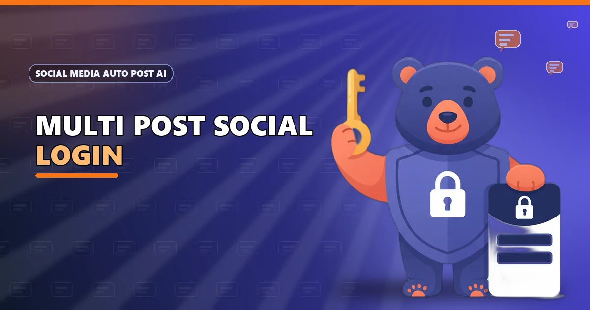 Shield the shield bear holding a key beside a sign-in card for the Multi Post Social login page