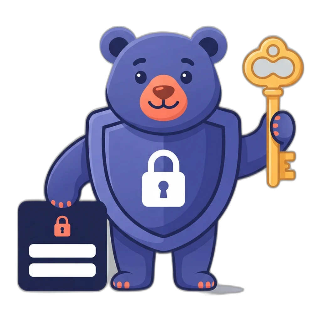 Shield the bear holding a key next to a Multi Post Social login card with two fields