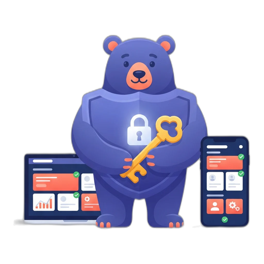 Shield the bear between a laptop and a phone that both show a ticked dashboard
