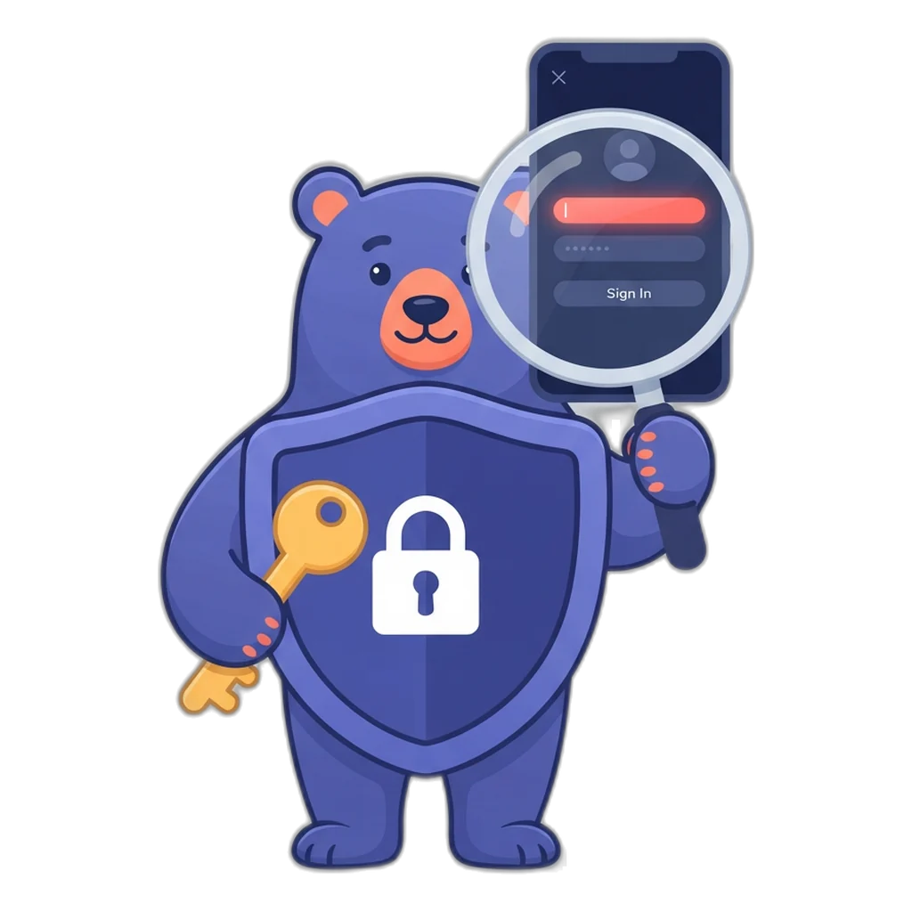 Shield the bear inspecting a phone sign-in screen with a magnifying glass
