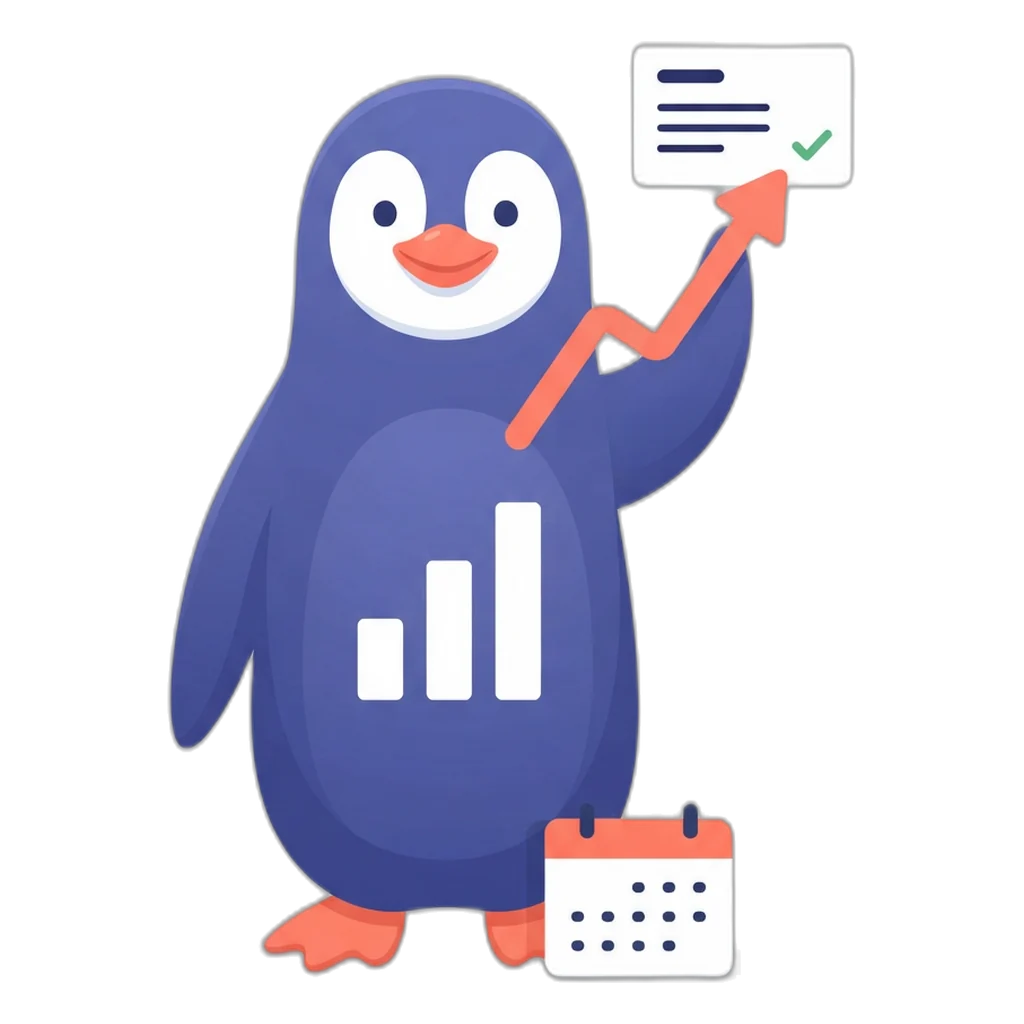 Graphy the bar-chart penguin holding an invoice card with a green tick