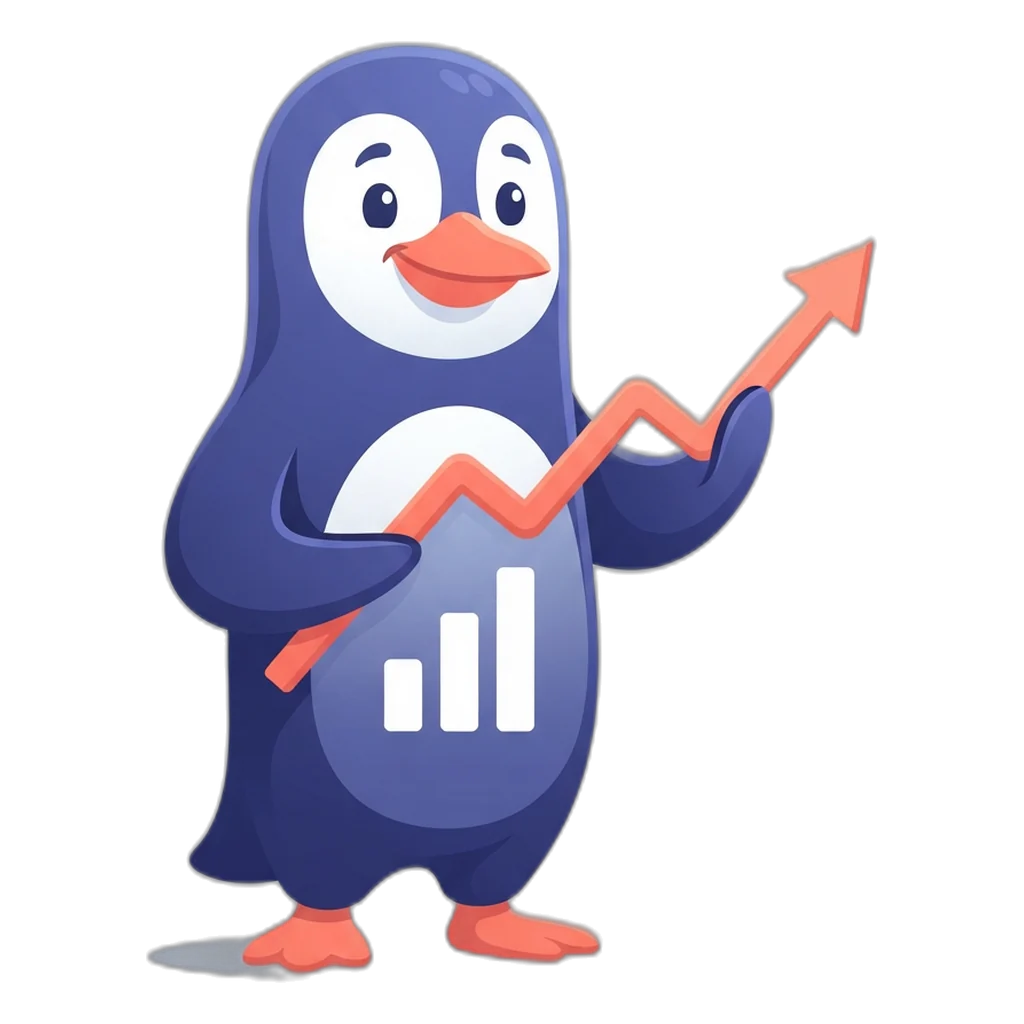 Graphy the bar-chart penguin beside five growing bars topped with network dots