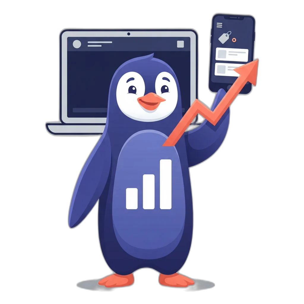 Graphy the bar-chart penguin holding a phone with a settings screen in front of a laptop outline