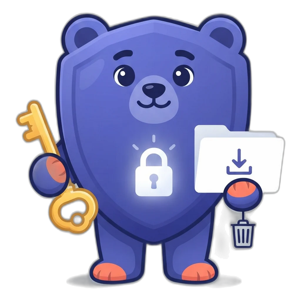 Shield the shield-shaped bear holding an export folder and a small trash bin