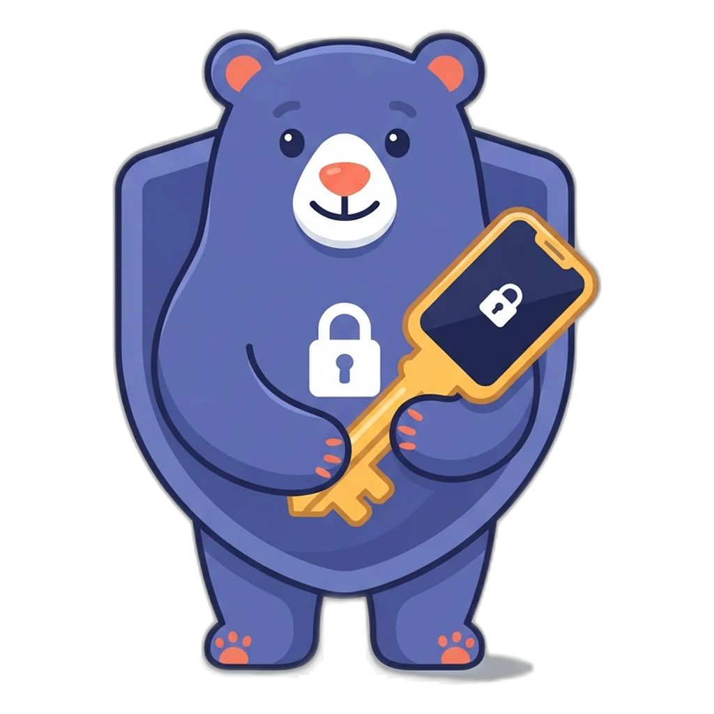 Shield the shield-shaped bear holding a phone with a padlock lock screen