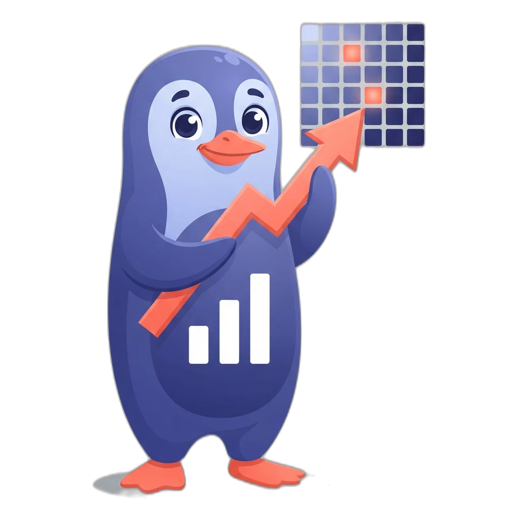 Graphy the bar-chart penguin pointing at a weekly heat map with three highlighted slots