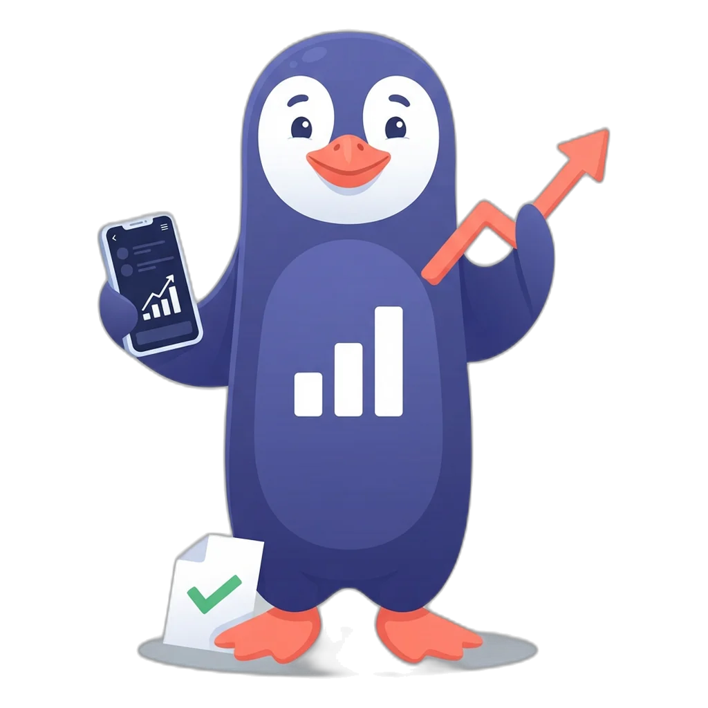 Graphy the bar-chart penguin holding a phone with a weekly report card
