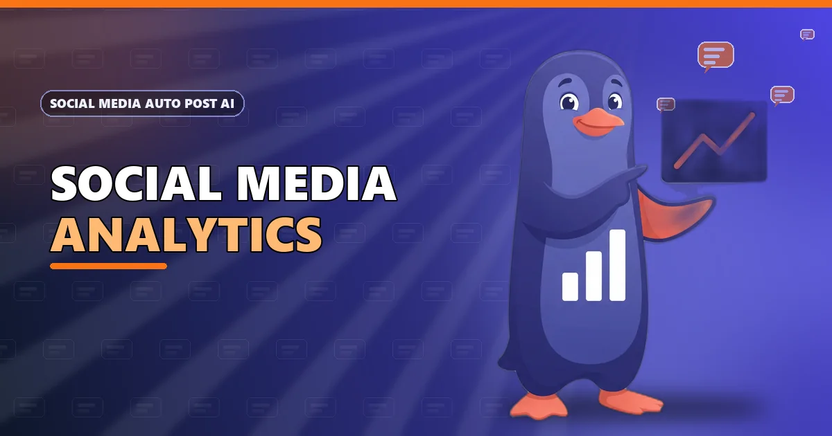 Graphy the bar-chart penguin pointing at a rising chart for the social media analytics guide