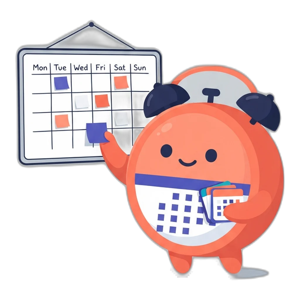 Tick the alarm-clock critter placing sticky notes on a weekly whiteboard grid