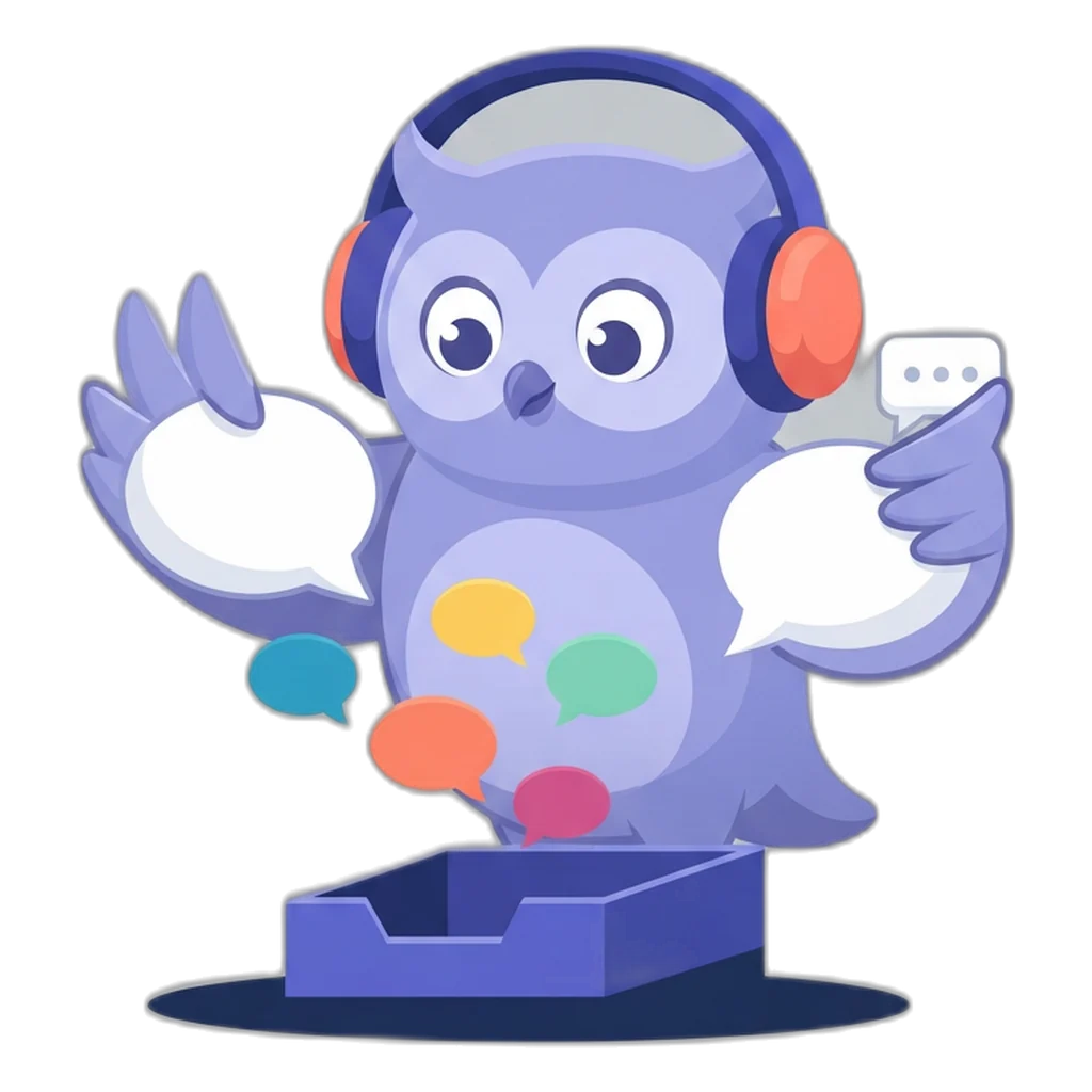 Echo the chat-bubble owl catching five speech bubbles into one tray