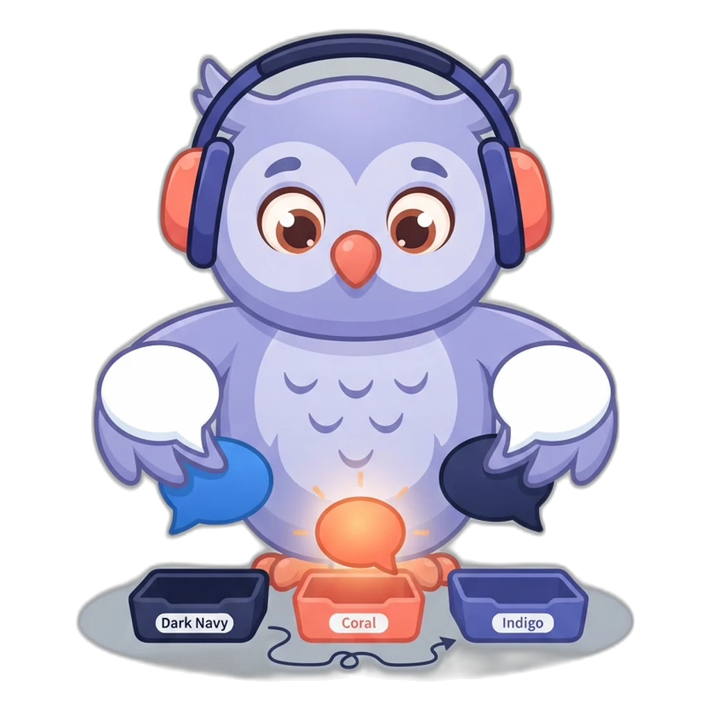 Echo the chat-bubble owl sorting speech bubbles into three trays