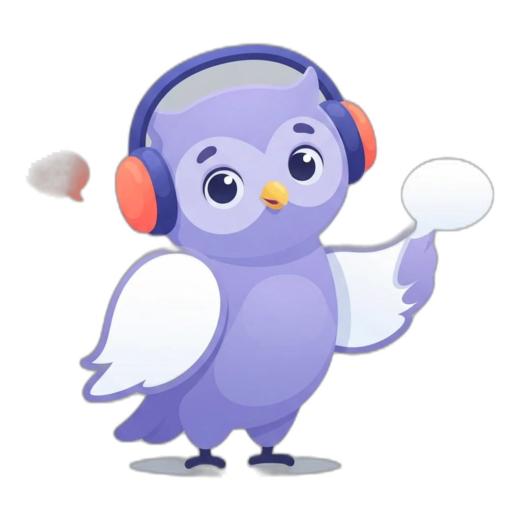 Echo the chat-bubble owl listening to a cloud of faint speech bubbles