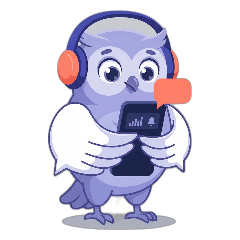Echo the chat-bubble owl holding a phone with a listening alert