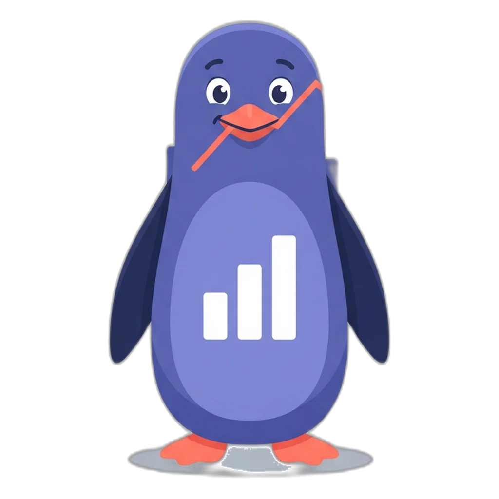 Graphy the bar-chart penguin pointing at a tall spike in a volume chart with a bell above it