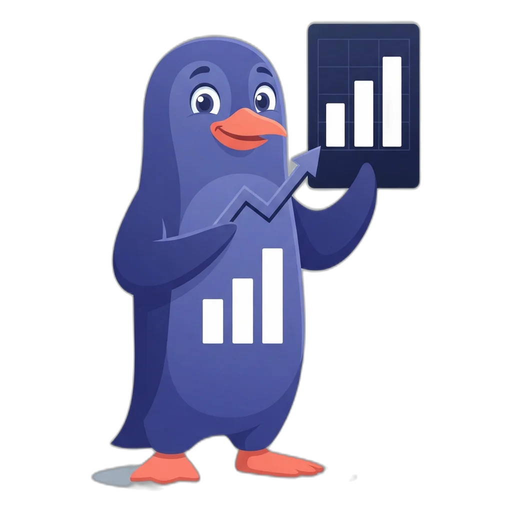 Graphy the bar-chart penguin pointing at a report card with three large bars