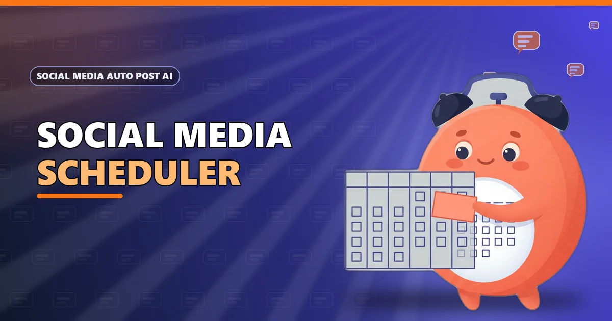 Tick the alarm-clock critter placing a card into a weekly calendar for the social media scheduler guide
