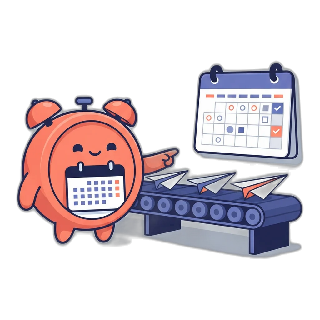 Tick the alarm-clock critter lining up three posts on a conveyor belt toward a calendar
