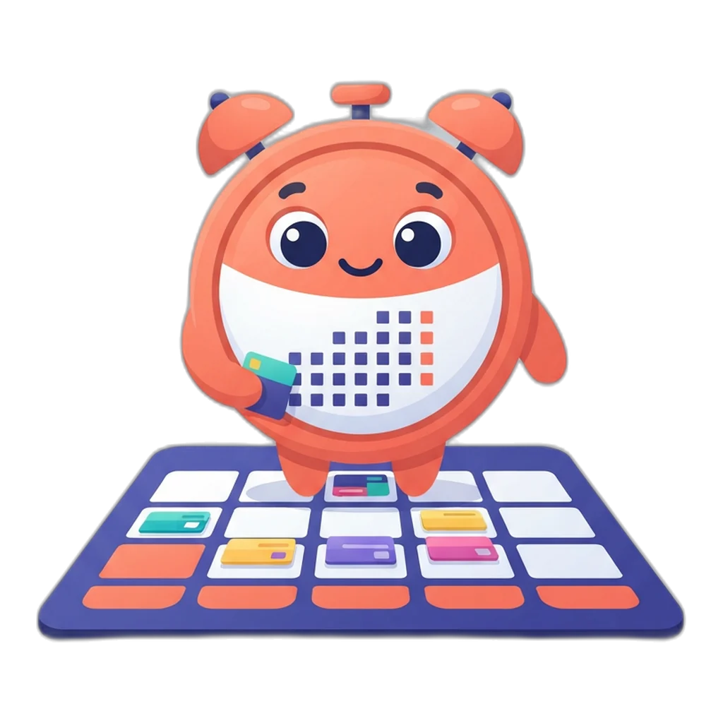 Tick the alarm-clock critter placing colored post cards into a weekly calendar grid