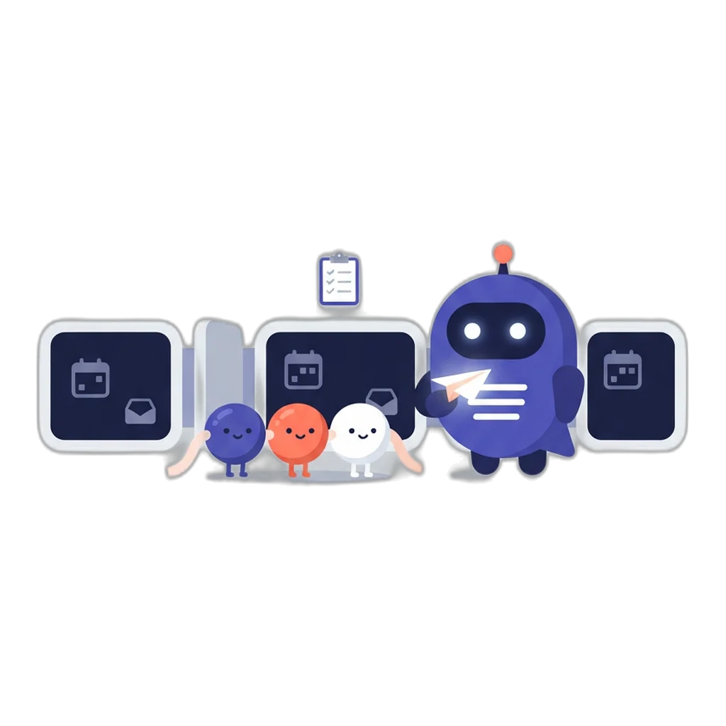 Crew, three small beads on a ribbon, standing between three separate workspace boxes each with a calendar and inbox icon
