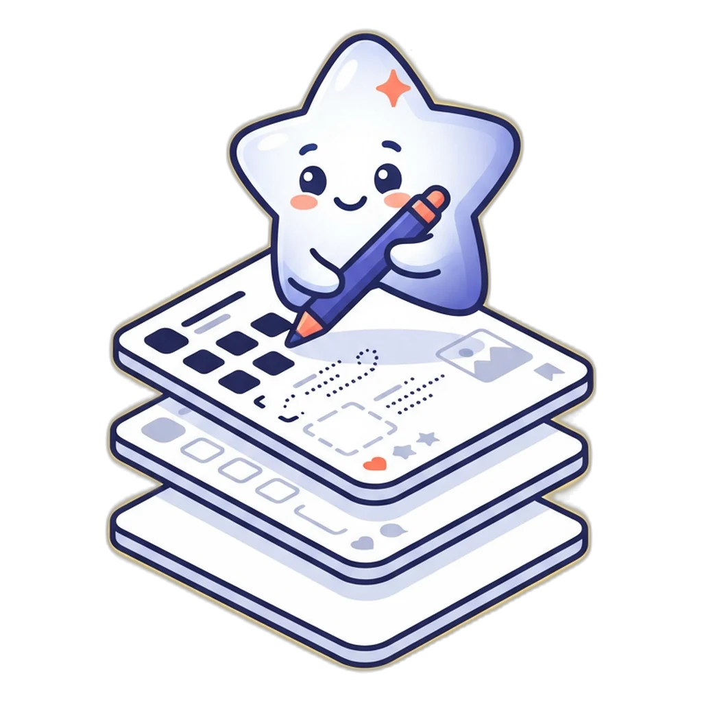 Sparkle the star sprite filling bracket boxes on a stack of post cards with a magic pen